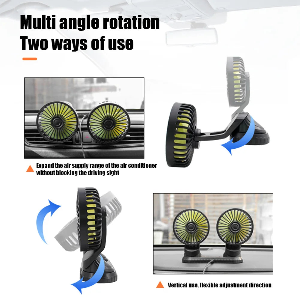 USB Powered Car Fan Multi-Angle Rotatable Dual Head 3-Speed Dashboard ABS Three Speeds Summer Cooling Fan Accessories