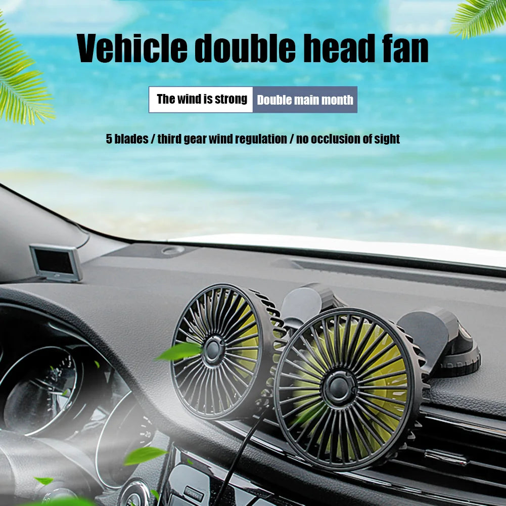 USB Powered Car Fan Multi-Angle Rotatable Dual Head 3-Speed Dashboard ABS Three Speeds Summer Cooling Fan Accessories
