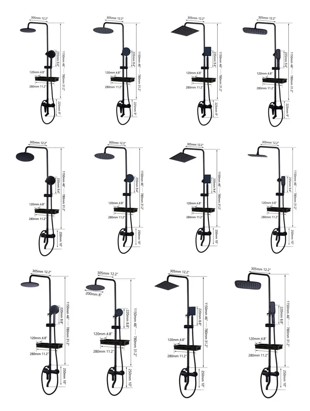 KEMAIDI Matte Black Rainfall Shower Faucet Set Single Lever Bathtub Shower Systerm with Shower Shelf Hot Cold Water Mixer Faucet