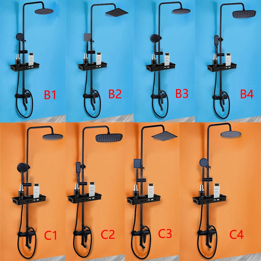 KEMAIDI Matte Black Rainfall Shower Faucet Set Single Lever Bathtub Shower Systerm with Shower Shelf Hot Cold Water Mixer Faucet