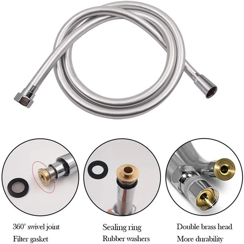 PVC High Pressure Silver & Black Smooth Shower Hose For Bath Handheld Head Flexible 360° rotation