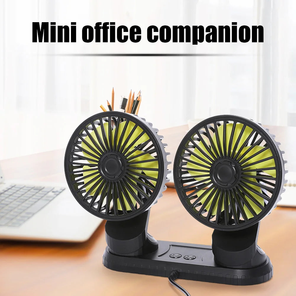 USB Powered Car Fan Multi-Angle Rotatable Dual Head 3-Speed Dashboard ABS Three Speeds Summer Cooling Fan Accessories