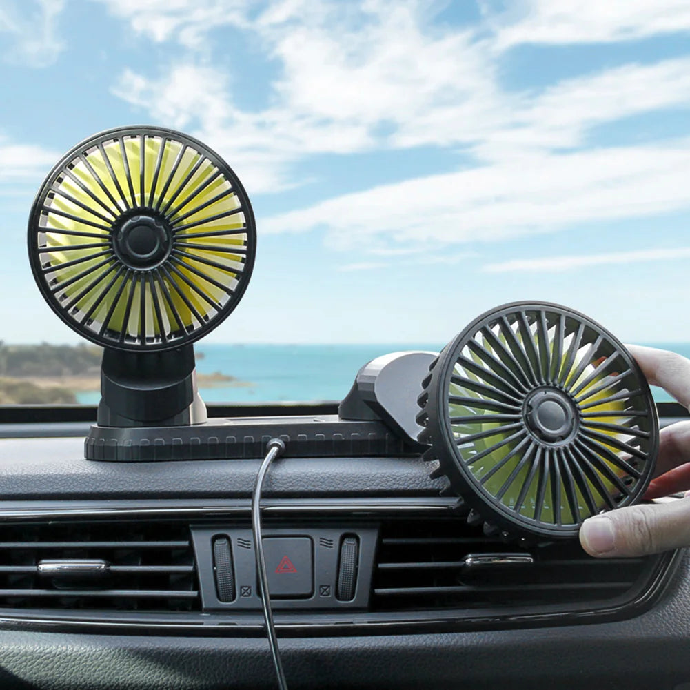 USB Powered Car Fan Multi-Angle Rotatable Dual Head 3-Speed Dashboard ABS Three Speeds Summer Cooling Fan Accessories