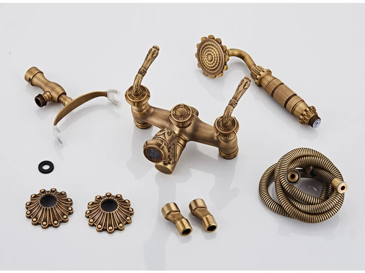 Antique Brass Bathtub Shower Faucets Set Wall Mounted Bath Shower Set Swivel Tub Spout Bath Shower Dual Control Carved Mixer Tap