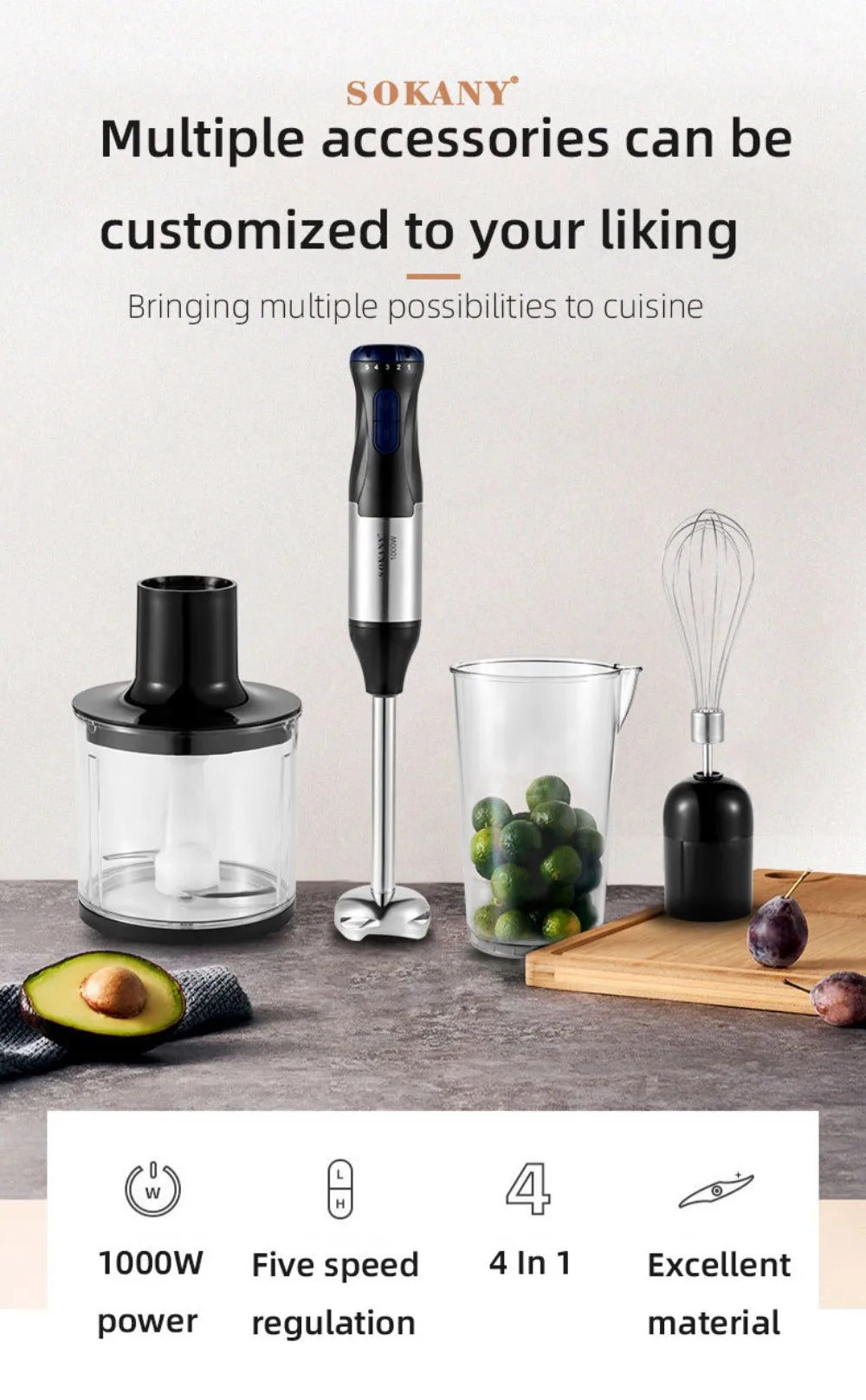 1000W Portable Handheld Electric Blender,4 In 1 Multi-Functional Household Kitchen Electric Mixer,Egg Beater,Food Processors