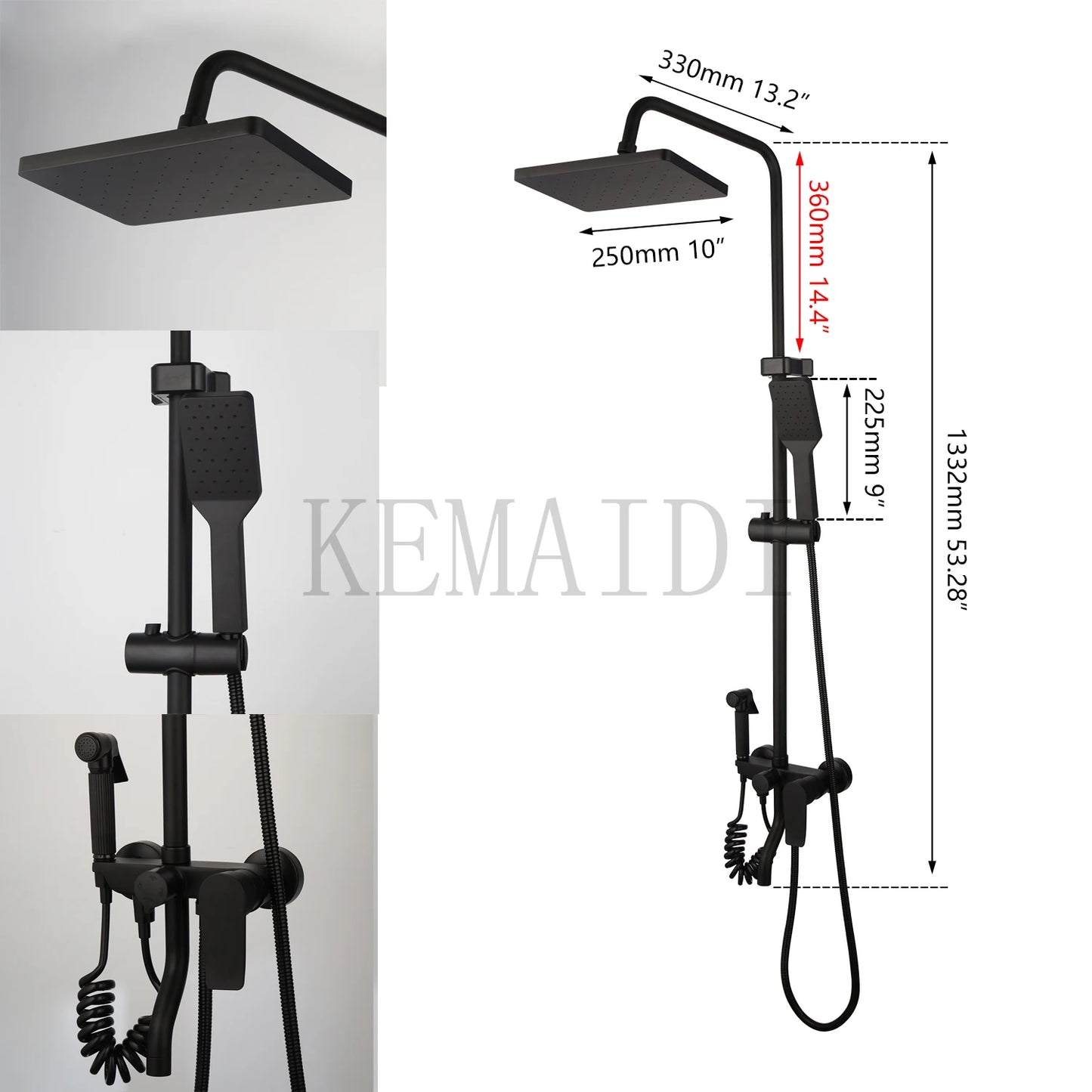 KEMAIDI Matte Black Rainfall Shower Faucet Set Single Lever Bathtub Shower Systerm with Shower Shelf Hot Cold Water Mixer Faucet