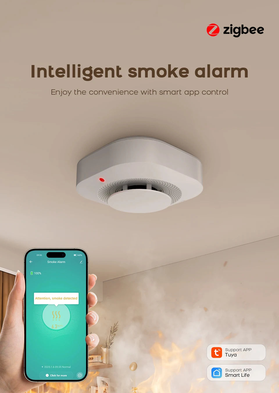 Tuya ZigBee WiFi Smart Smoke Detector Alarm Sensor Home Security Fire Protection For Home Security System Via Smart Life APP