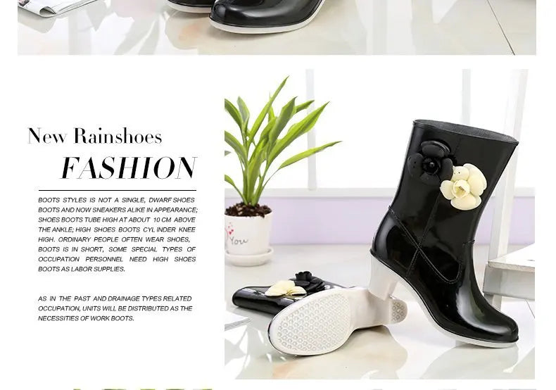 New Women's Rain Boots Camellia Decoration 2024 Fashion Outdoor White Long Tube Waterproof Non-slip Rain Boot Cover Saliva Shoes