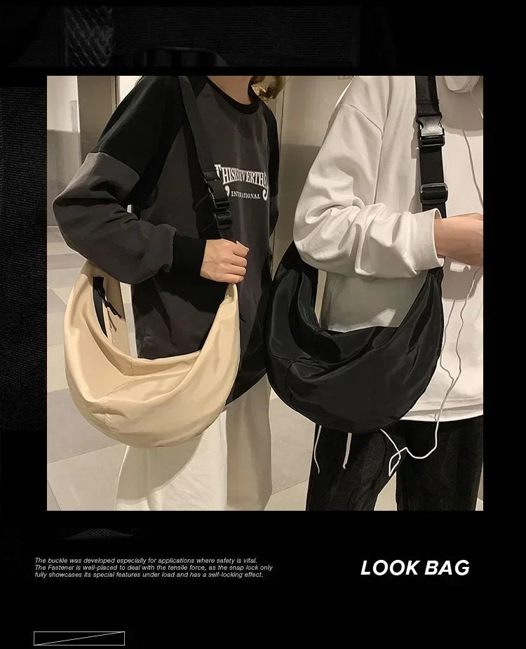 Crossbody Bags Men Solid Color Large Capacity Hobos Unisex Harajuku Japanese Style Nylon Waterproof Travel Shoulder Zipper Purse