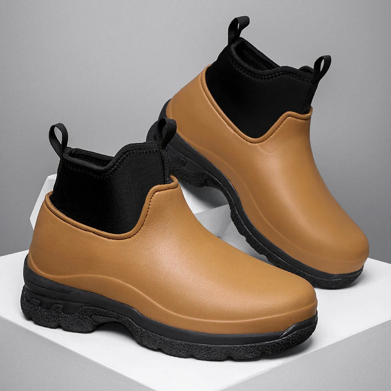 New Outdoor Fashion Versatile Wear resistant and Oil resistant Short Rain Boots for Men's Waterproof and Anti slip Kitchen Shoes