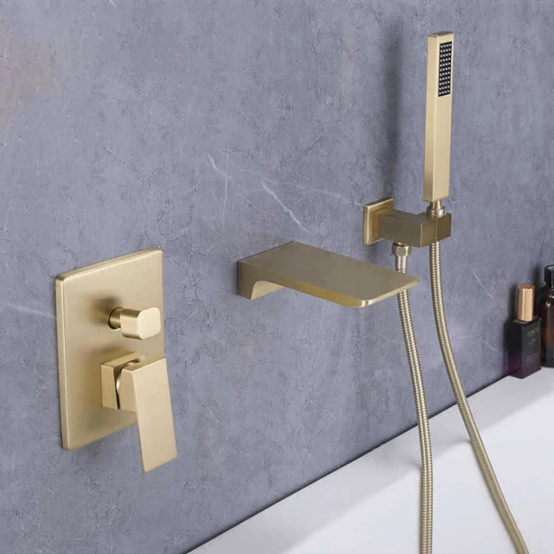 ZAPPO Brushed Gold Bathroom Bathtub Shower Set Waterfall Mixer Tap Wall Mount Solid Brass Shower Systerm w/Handheld Shower Head