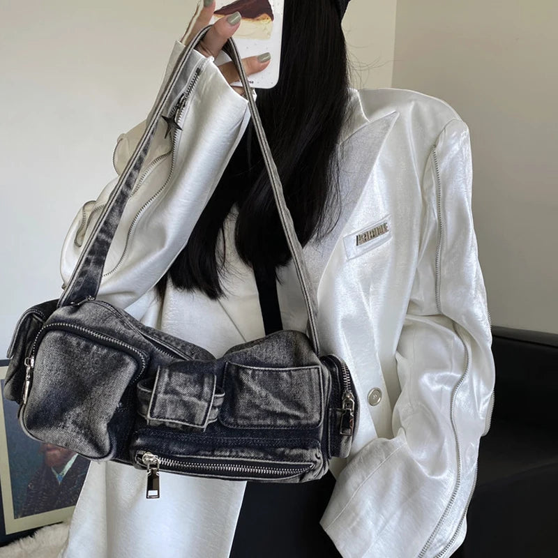 Moto & Biker Denim Bags For Women Luxury Designer Handbags Purses 2024 New In Y2K Multiple Pockets Washing Cloth Armpit Shoulder