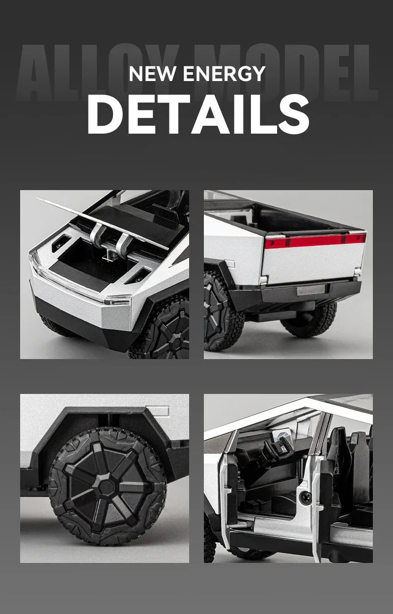 1/32 Teslas Cybertruck Pickup Alloy Car Model Diecast Metal Off-road Vehicles Truck Car Model Sound and Light Childrens Toy Gift