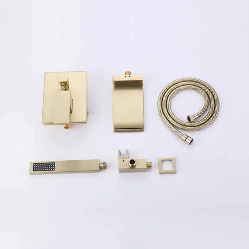 ZAPPO Brushed Gold Bathroom Bathtub Shower Set Waterfall Mixer Tap Wall Mount Solid Brass Shower Systerm w/Handheld Shower Head