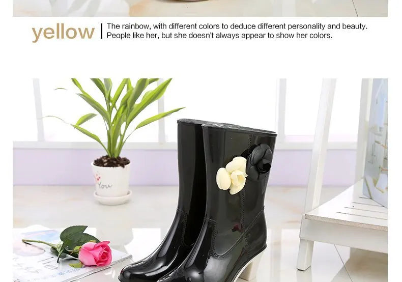 New Women's Rain Boots Camellia Decoration 2024 Fashion Outdoor White Long Tube Waterproof Non-slip Rain Boot Cover Saliva Shoes