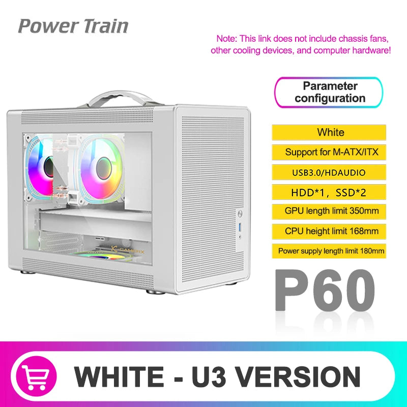 Power Train P60 Desktop MATX Case Handheld Portable Mesh Version PC Small Chassis Supports 350mm Graphics Card Type-C Interface