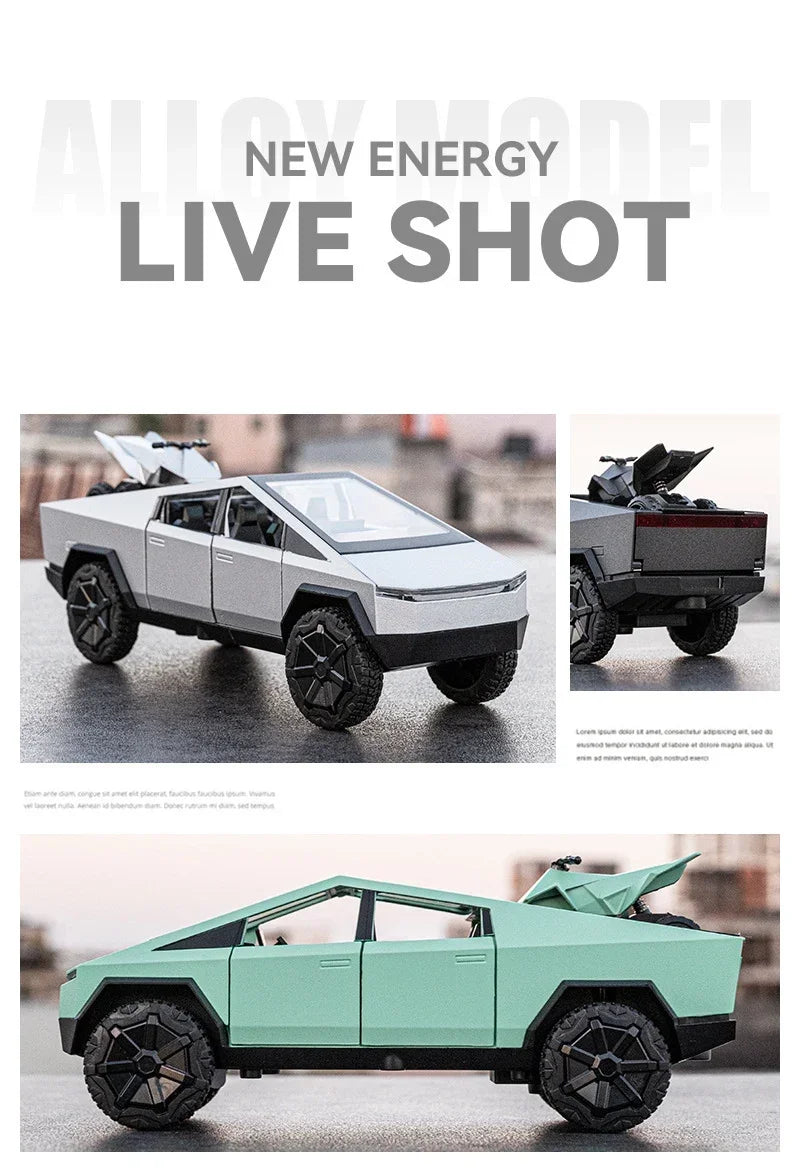 1/32 Teslas Cybertruck Pickup Alloy Car Model Diecast Metal Off-road Vehicles Truck Car Model Sound and Light Childrens Toy Gift