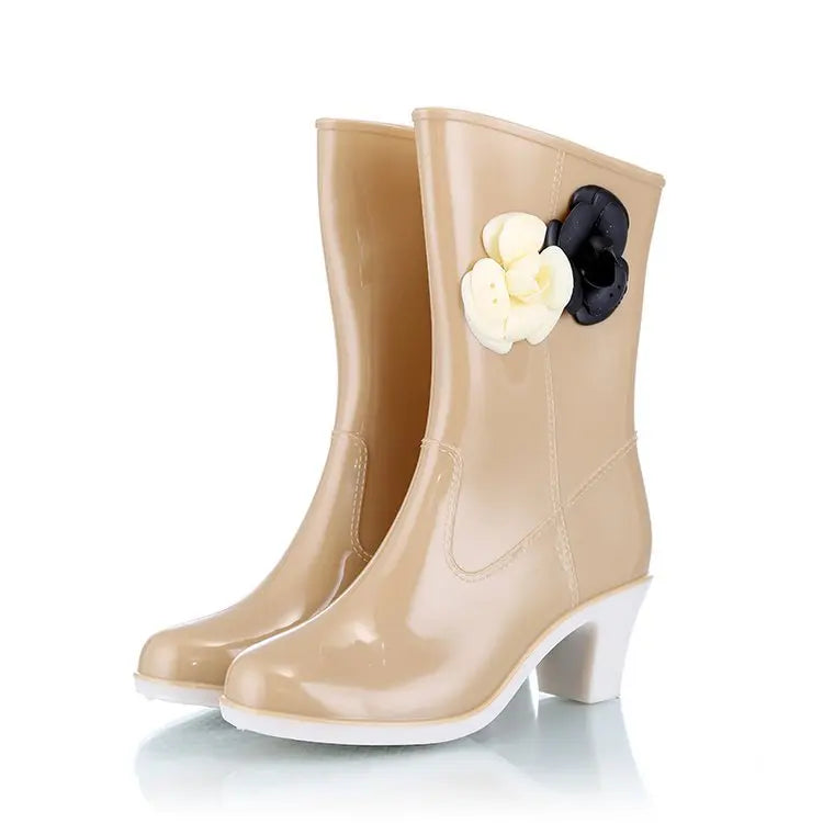 New Women's Rain Boots Camellia Decoration 2024 Fashion Outdoor White Long Tube Waterproof Non-slip Rain Boot Cover Saliva Shoes