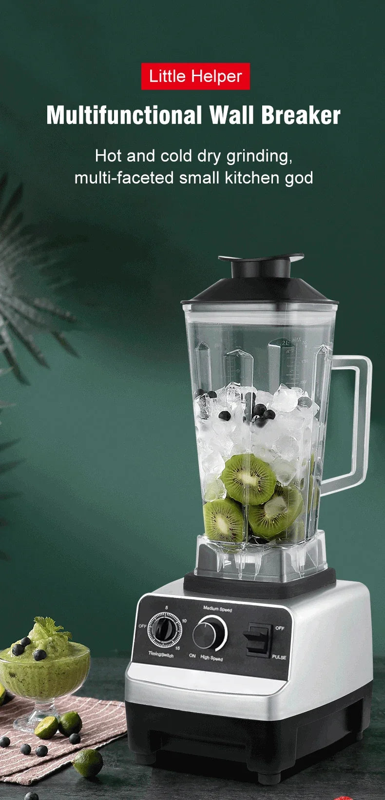 2000W Stationary Blender Heavy Duty Commercial Mixer Ice Smoothies Appliances for Kitchen Professional High Power Food Processor