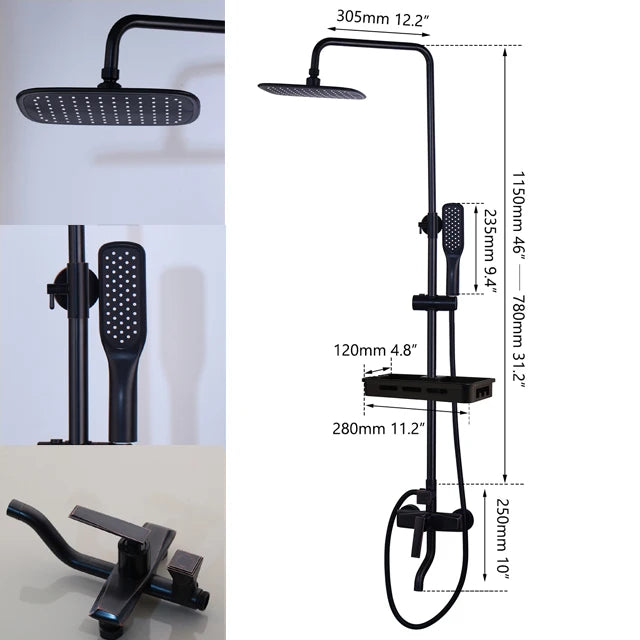 KEMAIDI Matte Black Rainfall Shower Faucet Set Single Lever Bathtub Shower Systerm with Shower Shelf Hot Cold Water Mixer Faucet