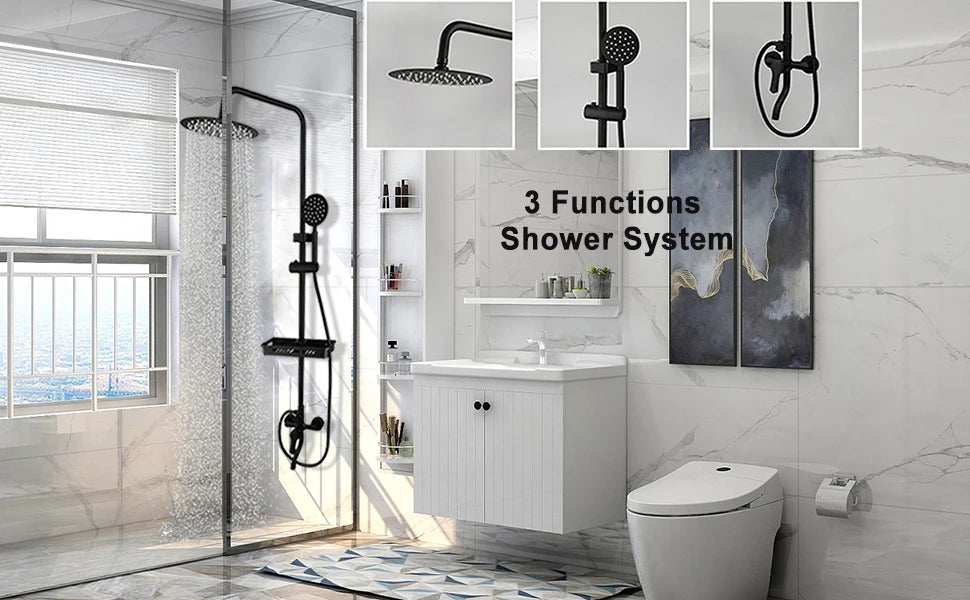 KEMAIDI Matte Black Rainfall Shower Faucet Set Single Lever Bathtub Shower Systerm with Shower Shelf Hot Cold Water Mixer Faucet