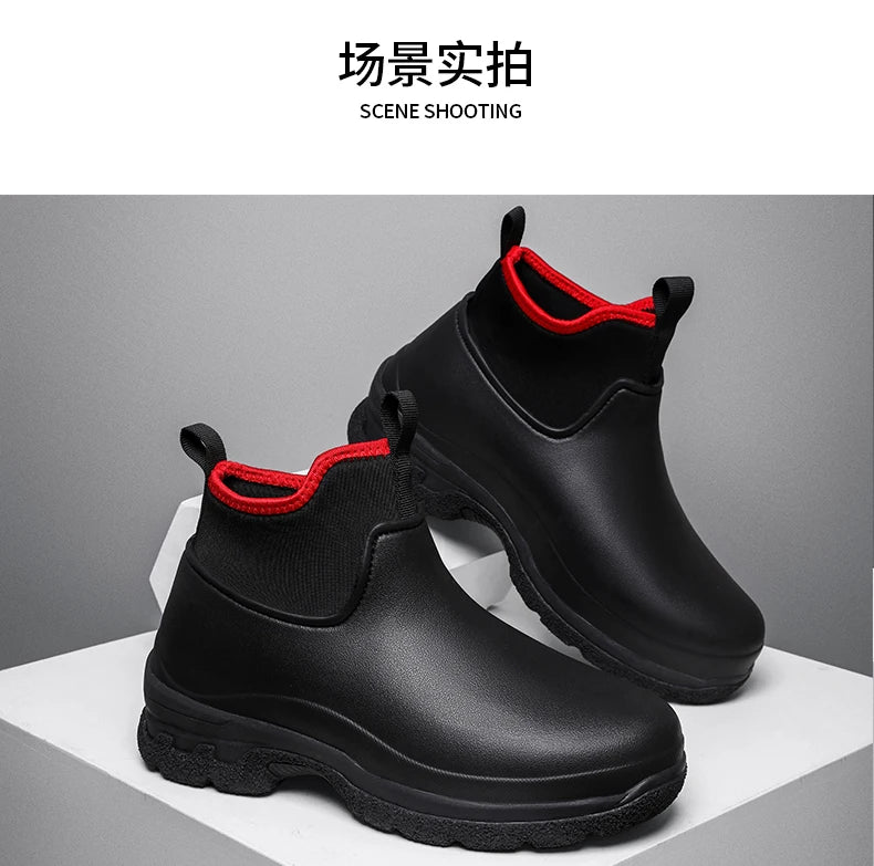 New Outdoor Fashion Versatile Wear resistant and Oil resistant Short Rain Boots for Men's Waterproof and Anti slip Kitchen Shoes