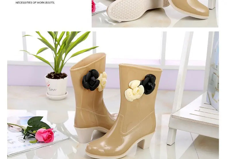 New Women's Rain Boots Camellia Decoration 2024 Fashion Outdoor White Long Tube Waterproof Non-slip Rain Boot Cover Saliva Shoes