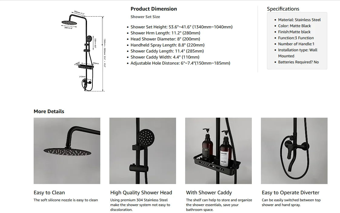 KEMAIDI Matte Black Rainfall Shower Faucet Set Single Lever Bathtub Shower Systerm with Shower Shelf Hot Cold Water Mixer Faucet