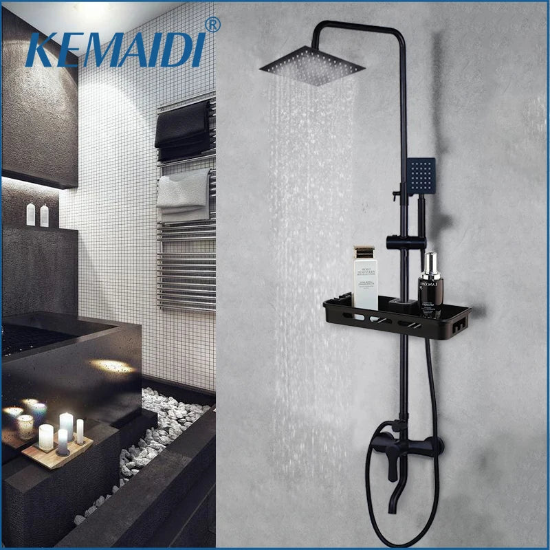 KEMAIDI Matte Black Rainfall Shower Faucet Set Single Lever Bathtub Shower Systerm with Shower Shelf Hot Cold Water Mixer Faucet