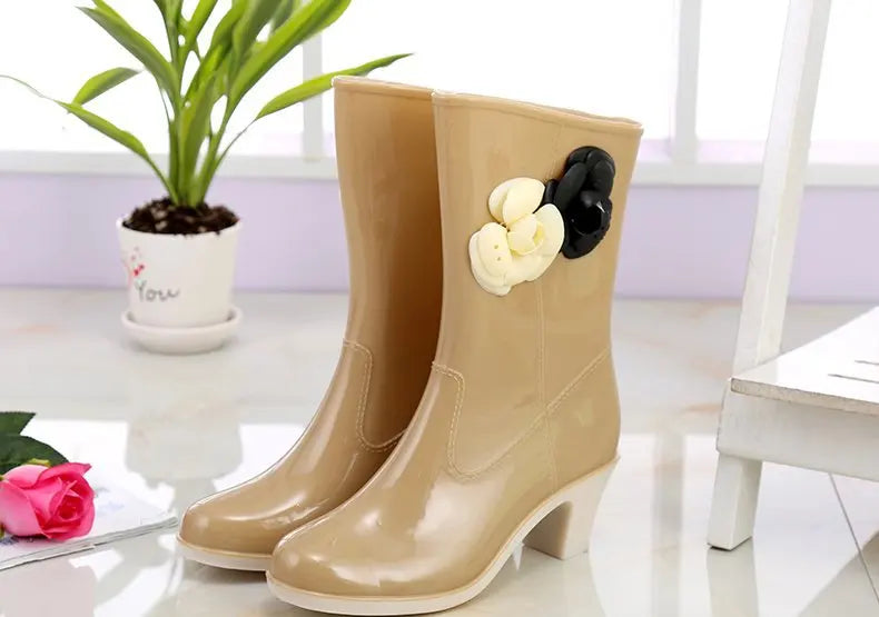 New Women's Rain Boots Camellia Decoration 2024 Fashion Outdoor White Long Tube Waterproof Non-slip Rain Boot Cover Saliva Shoes