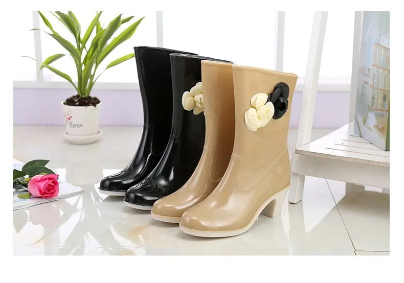 New Women's Rain Boots Camellia Decoration 2024 Fashion Outdoor White Long Tube Waterproof Non-slip Rain Boot Cover Saliva Shoes