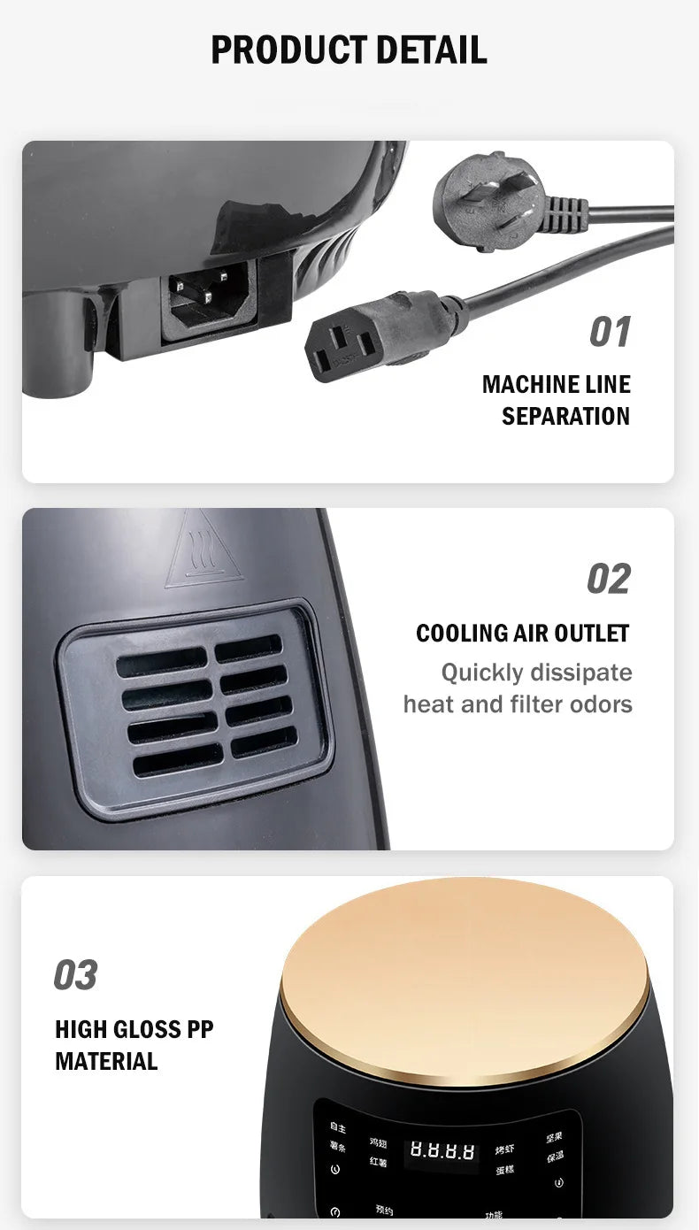 New Air Fryer Household Iarge Capacity French Fries Machine Multifunctional Electric Fryer 6L 1200W