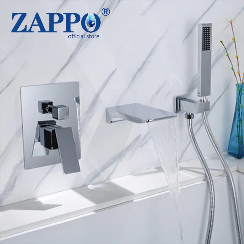 ZAPPO Brushed Gold Bathroom Bathtub Shower Set Waterfall Mixer Tap Wall Mount Solid Brass Shower Systerm w/Handheld Shower Head