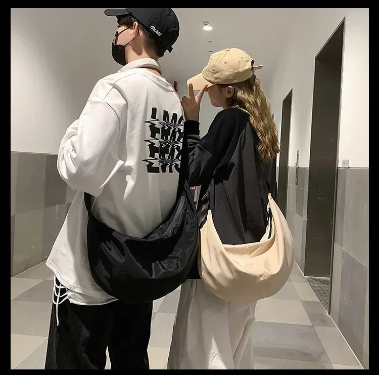 Crossbody Bags Men Solid Color Large Capacity Hobos Unisex Harajuku Japanese Style Nylon Waterproof Travel Shoulder Zipper Purse