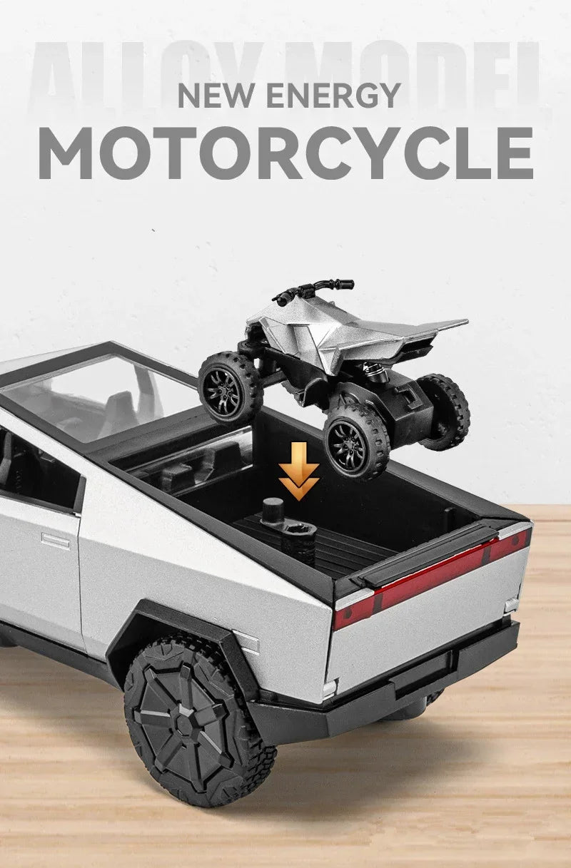 1/32 Teslas Cybertruck Pickup Alloy Car Model Diecast Metal Off-road Vehicles Truck Car Model Sound and Light Childrens Toy Gift