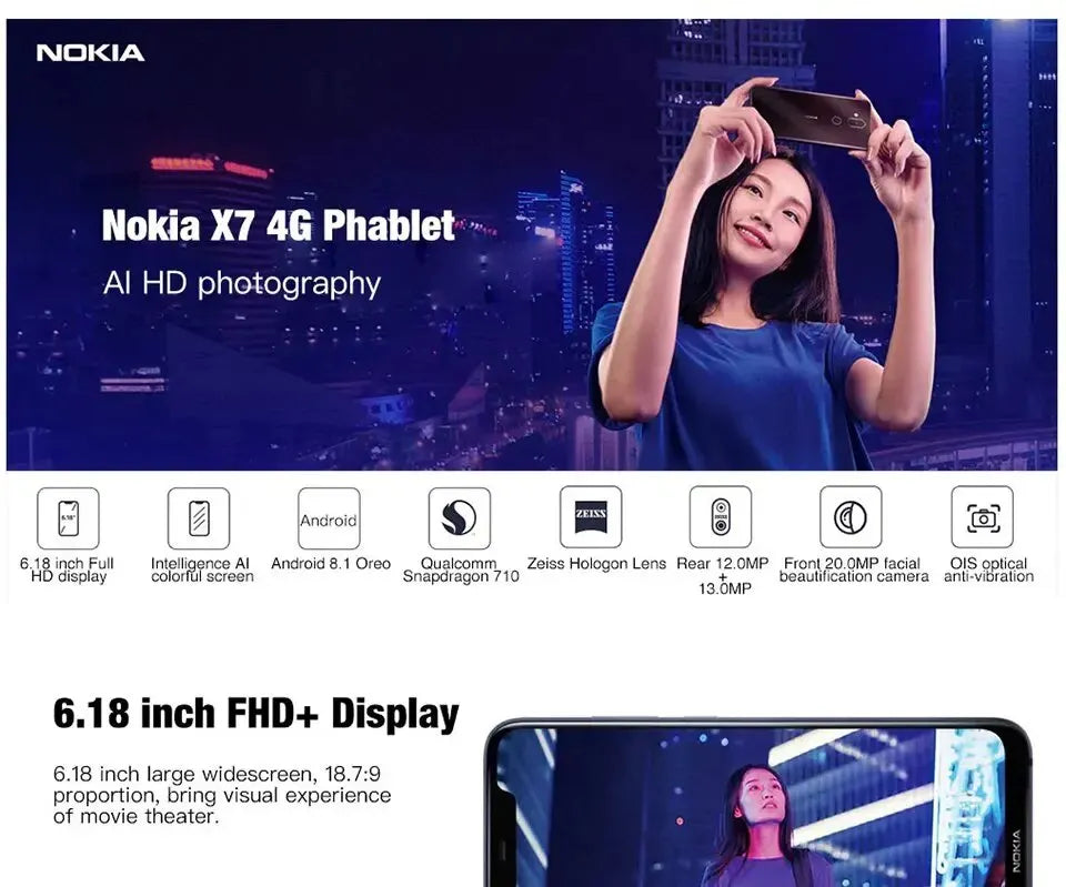 Nokia X7 Smartphone 6.18" inches Snapdragon 710 Octa Core Android 20MP Mobile Phone Fast charging 18W used phone