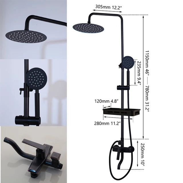 KEMAIDI Matte Black Rainfall Shower Faucet Set Single Lever Bathtub Shower Systerm with Shower Shelf Hot Cold Water Mixer Faucet