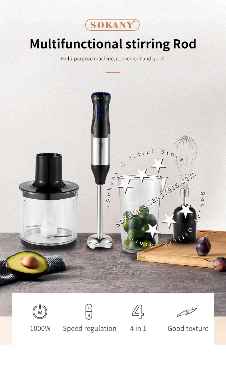 Sokany Powerful 4 in 1 Stick Hand Blender Set Stainless Steel Immersion Chopper Beaker Electric Whisk For Kitchen Baby Food