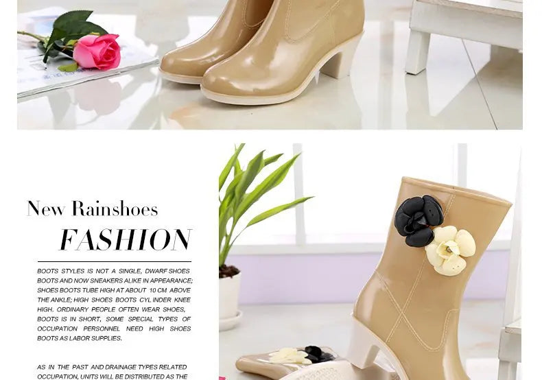 New Women's Rain Boots Camellia Decoration 2024 Fashion Outdoor White Long Tube Waterproof Non-slip Rain Boot Cover Saliva Shoes