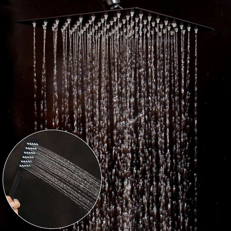 KEMAIDI Matte Black Rainfall Shower Faucet Set Single Lever Bathtub Shower Systerm with Shower Shelf Hot Cold Water Mixer Faucet