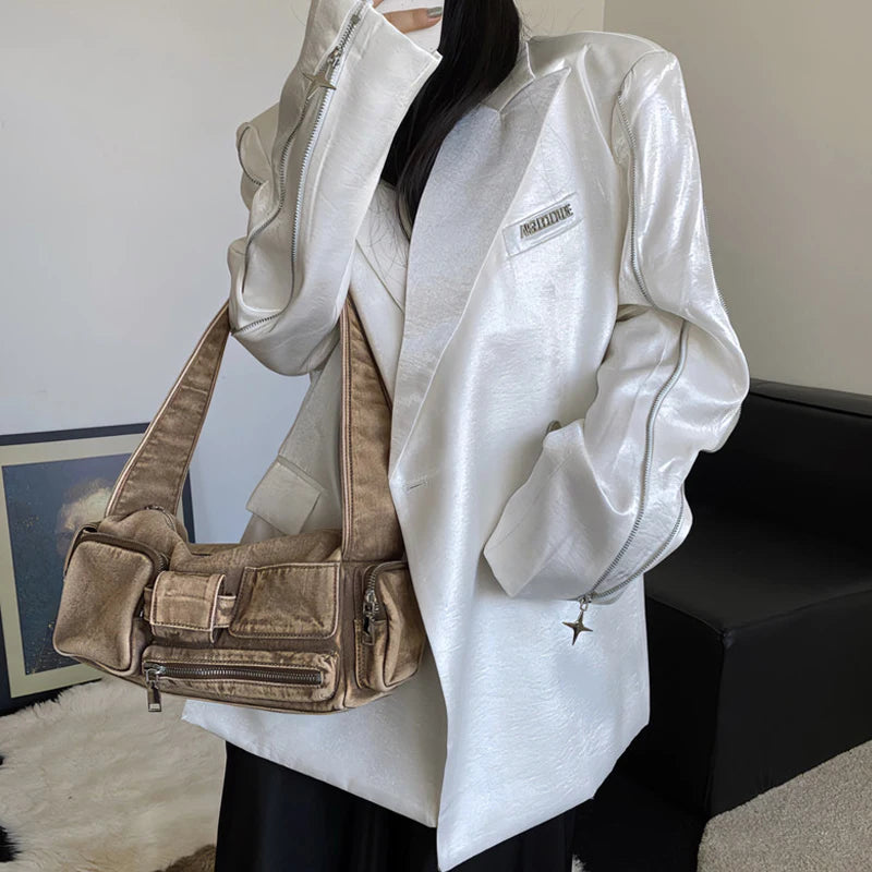 Moto & Biker Denim Bags For Women Luxury Designer Handbags Purses 2024 New In Y2K Multiple Pockets Washing Cloth Armpit Shoulder