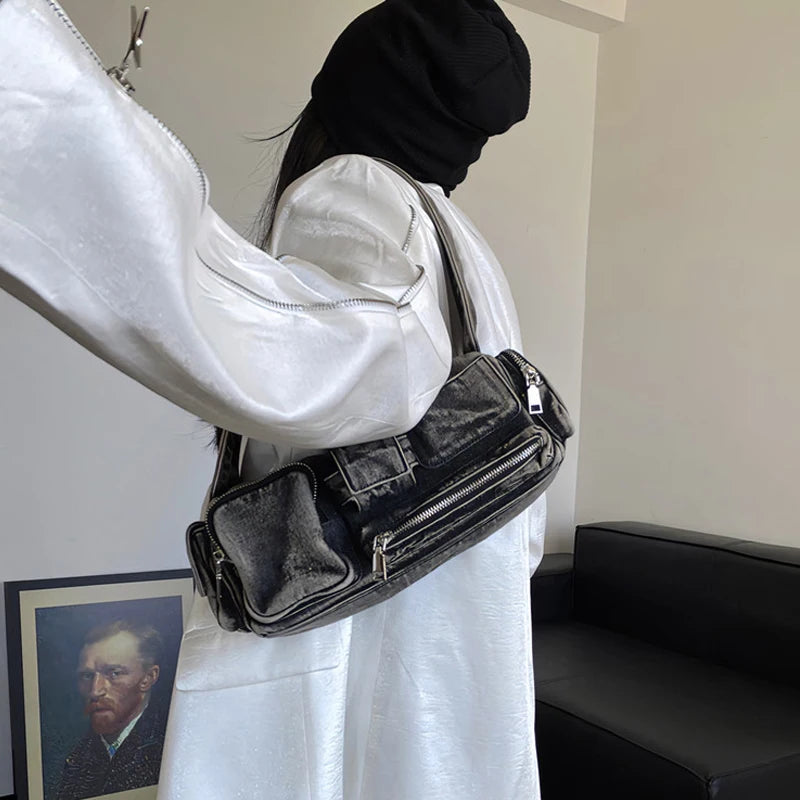 Moto & Biker Denim Bags For Women Luxury Designer Handbags Purses 2024 New In Y2K Multiple Pockets Washing Cloth Armpit Shoulder