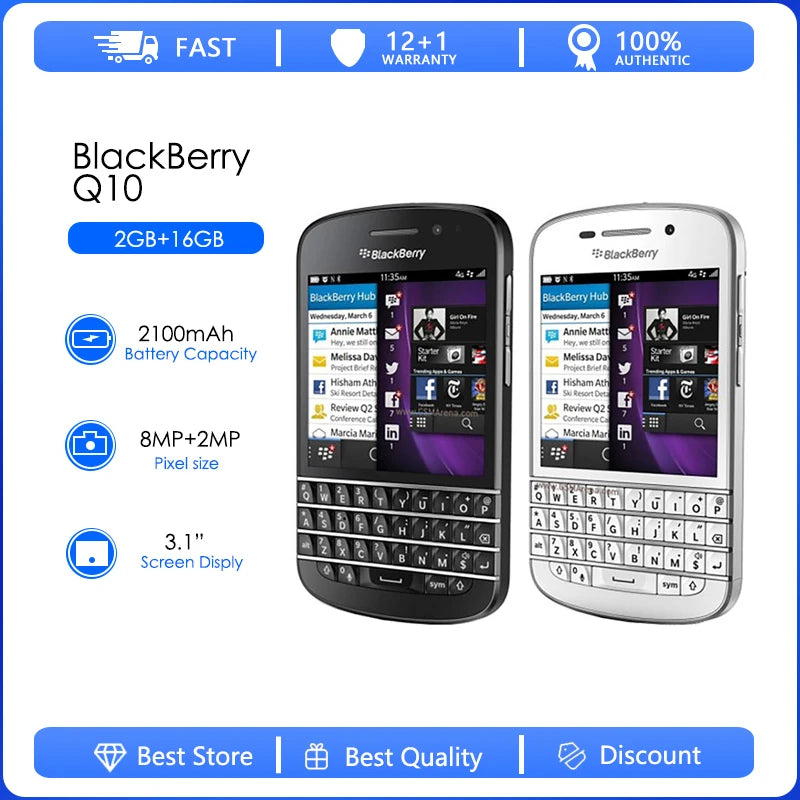 Blackberry Q10-1-3-5 Refurbished-Original Q10 Cell Phone 3.1" Dual Core 8MP 2GBRAM 16GB ROM 3G &4G GPS WIFI QWERTY cellphone