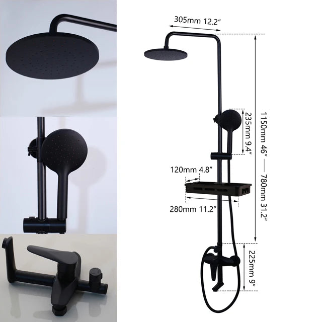 KEMAIDI Matte Black Rainfall Shower Faucet Set Single Lever Bathtub Shower Systerm with Shower Shelf Hot Cold Water Mixer Faucet