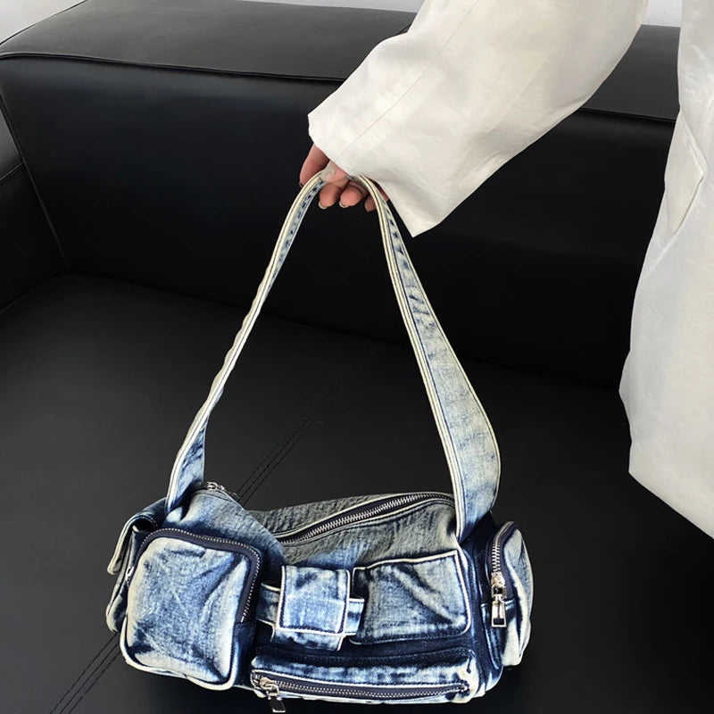 Moto & Biker Denim Bags For Women Luxury Designer Handbags Purses 2024 New In Y2K Multiple Pockets Washing Cloth Armpit Shoulder