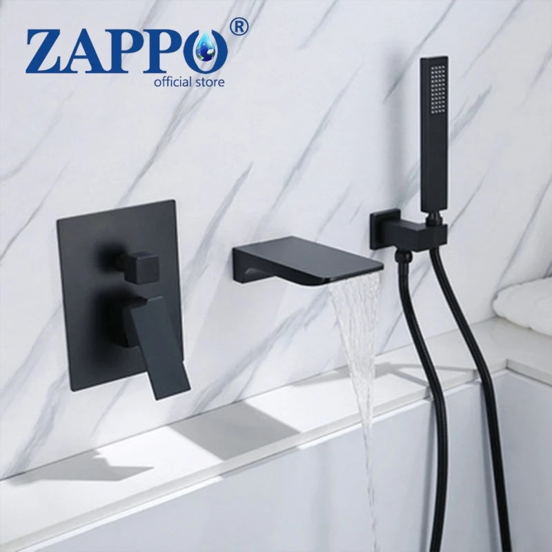 ZAPPO Brushed Gold Bathroom Bathtub Shower Set Waterfall Mixer Tap Wall Mount Solid Brass Shower Systerm w/Handheld Shower Head
