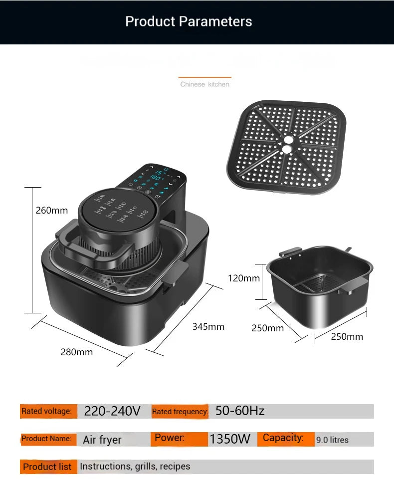 9L Multi functional Home Smart Air Fryer with Large Capacity Touch Screen Reservation Non stick Inner Perspective Oven