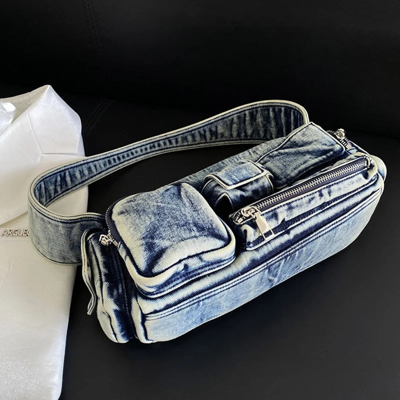 Moto & Biker Denim Bags For Women Luxury Designer Handbags Purses 2024 New In Y2K Multiple Pockets Washing Cloth Armpit Shoulder