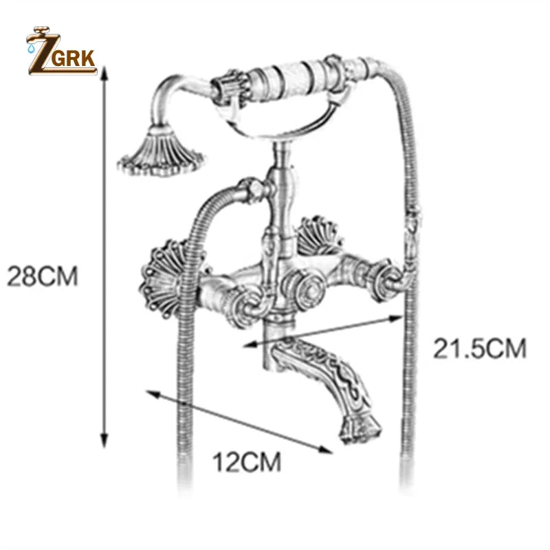 Antique Brass Bathtub Shower Faucets Set Wall Mounted Bath Shower Set Swivel Tub Spout Bath Shower Dual Control Carved Mixer Tap