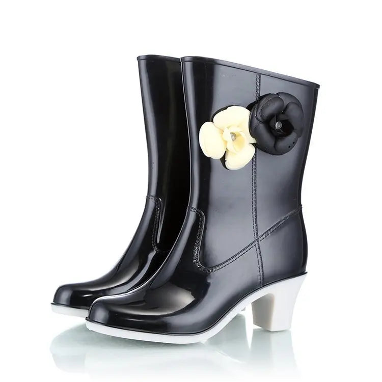 New Women's Rain Boots Camellia Decoration 2024 Fashion Outdoor White Long Tube Waterproof Non-slip Rain Boot Cover Saliva Shoes